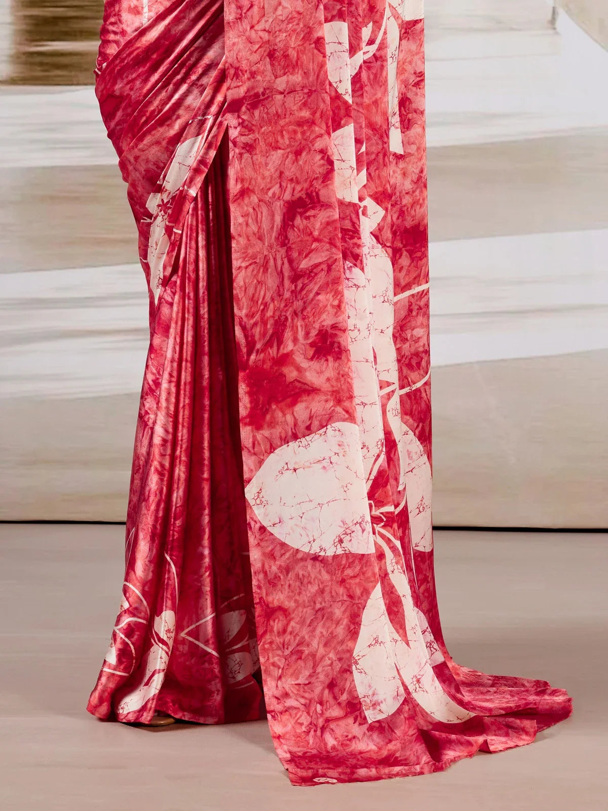 Tarani saree pallu in red with white bold floral print in modal satin fabric