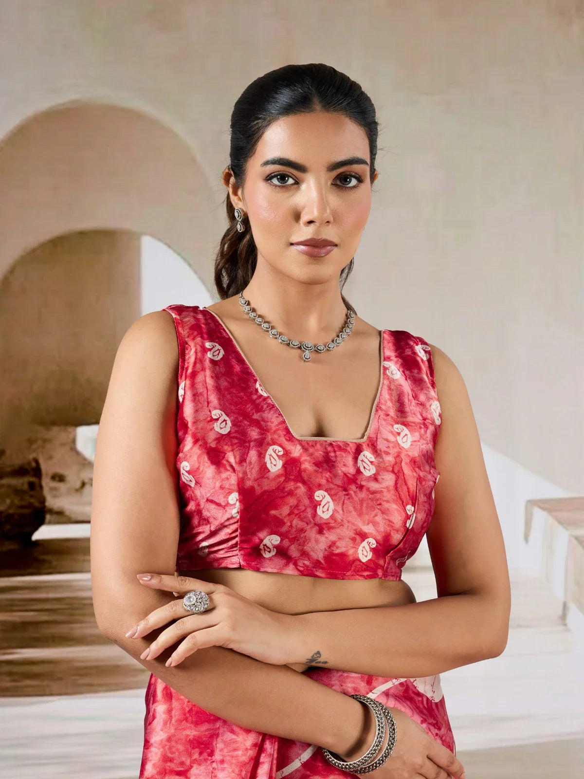 Tarani red modal satin saree blouse with hand prism print and elegant neckline