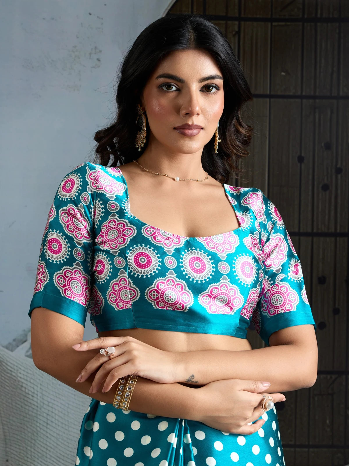 Tarani teal modal satin Ajrakh print blouse close up with printed detailing