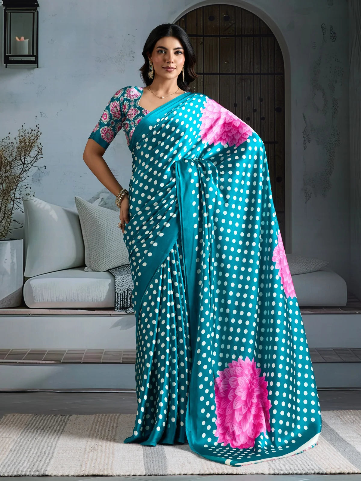 Tarani teal modal satin Ajrakh print saree with pink floral design full front view