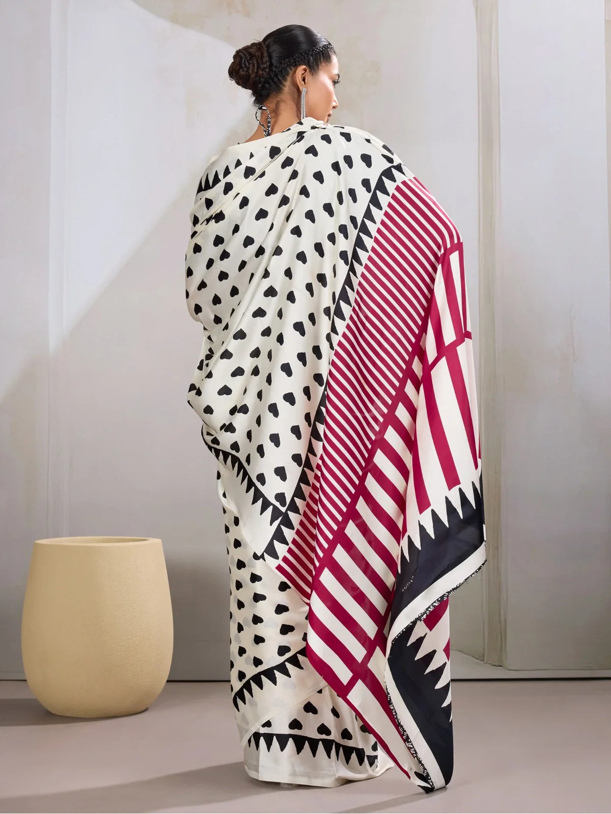 Tarani modal satin saree full back view showing overall print and drape