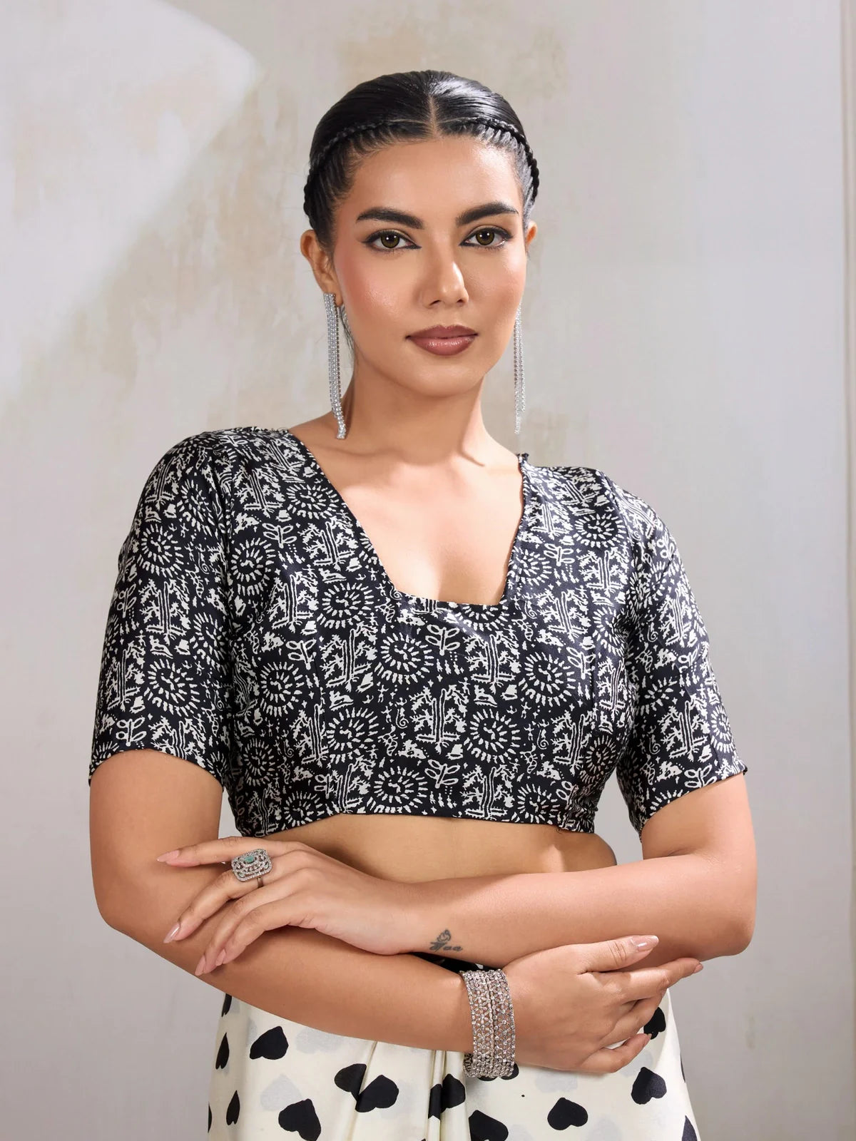 Tarani Ajrakh print blouse paired with white modal satin saree closeup view