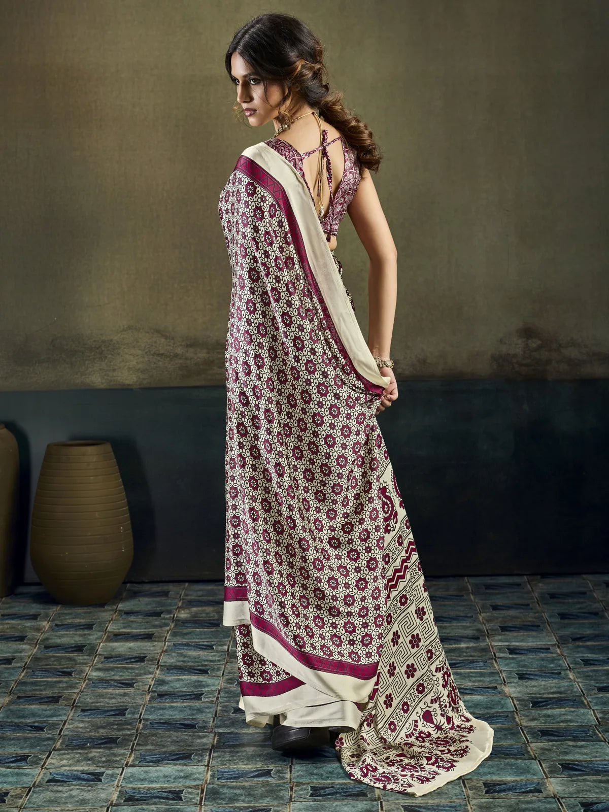 Tarani wine modal satin Ajrakh print saree back-view with printed blouse Sanketa