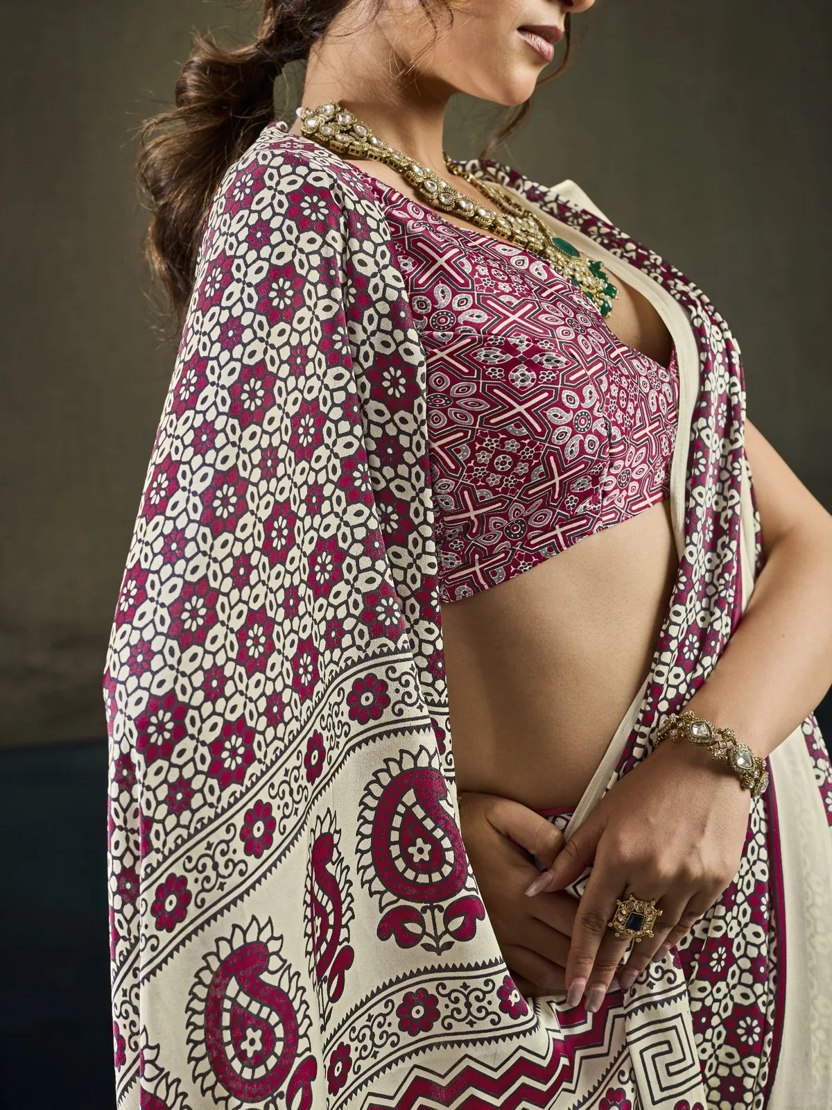 Tarani wine modal satin Ajrakh print saree closeup-view with printed blouse Sanketa