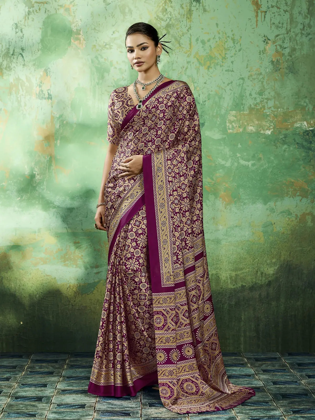 Tarani wine modal satin Ajrakh print saree full view with elegant border and blouse piece