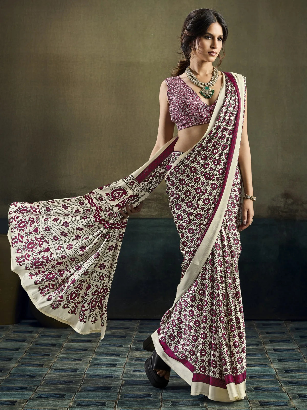 Tarani wine modal satin Ajrakh print saree pallu-view with printed blouse Sanketa