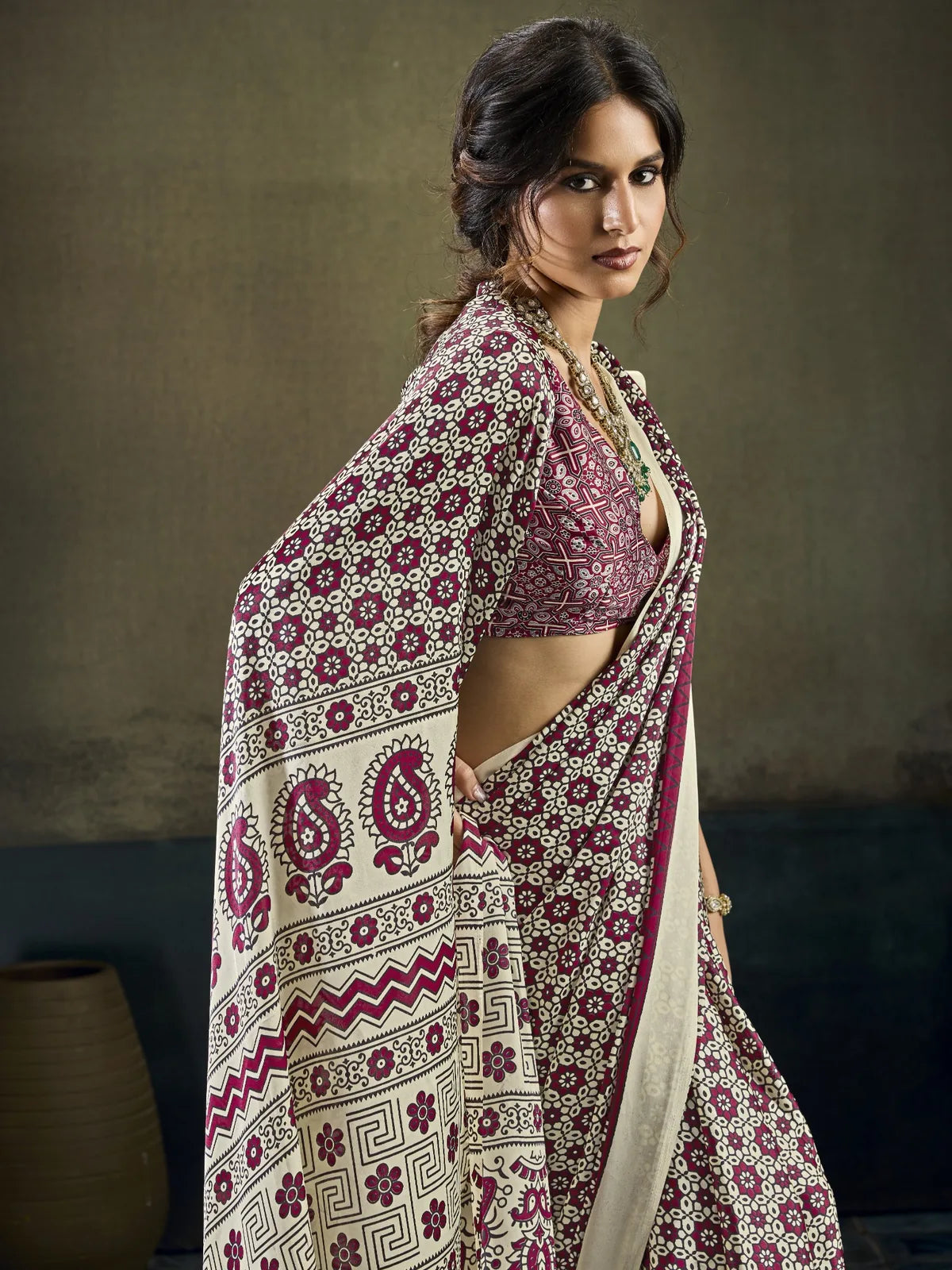 Tarani wine modal satin Ajrakh print saree side-view with printed blouse Sanketa