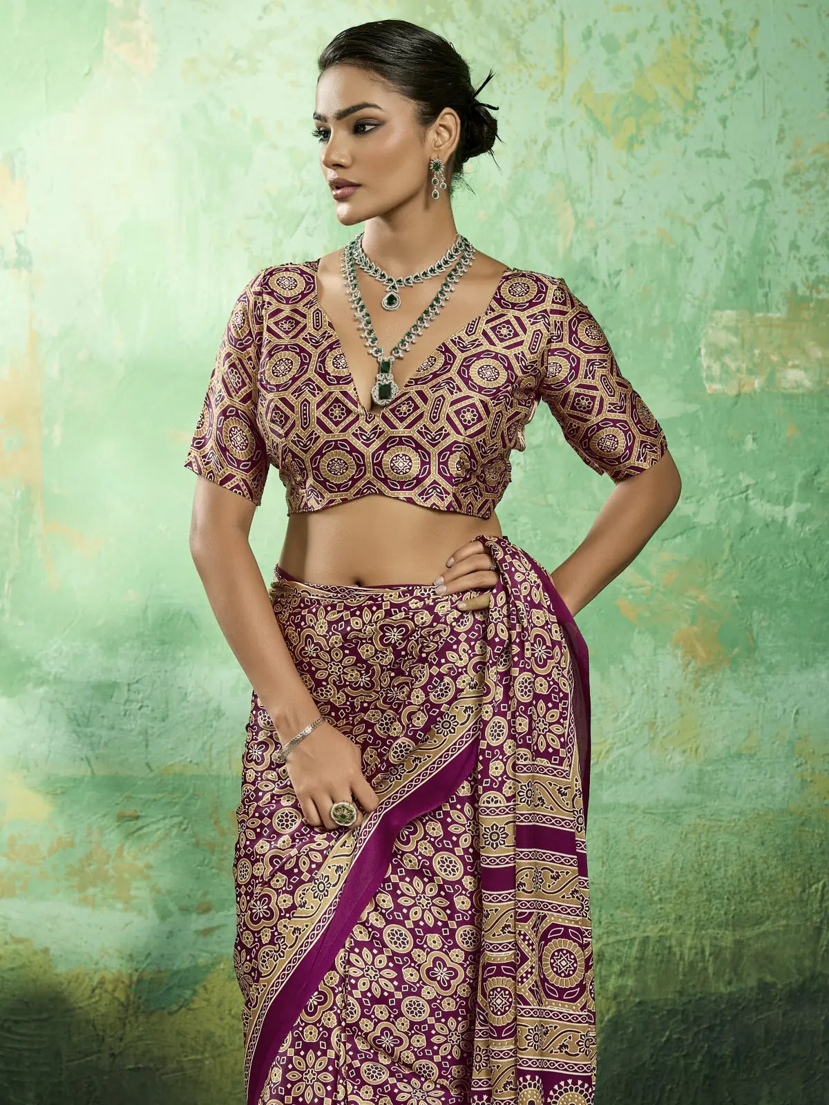 Tarani wine Ajrakh print modal satin saree upper body view with stylish blouse design