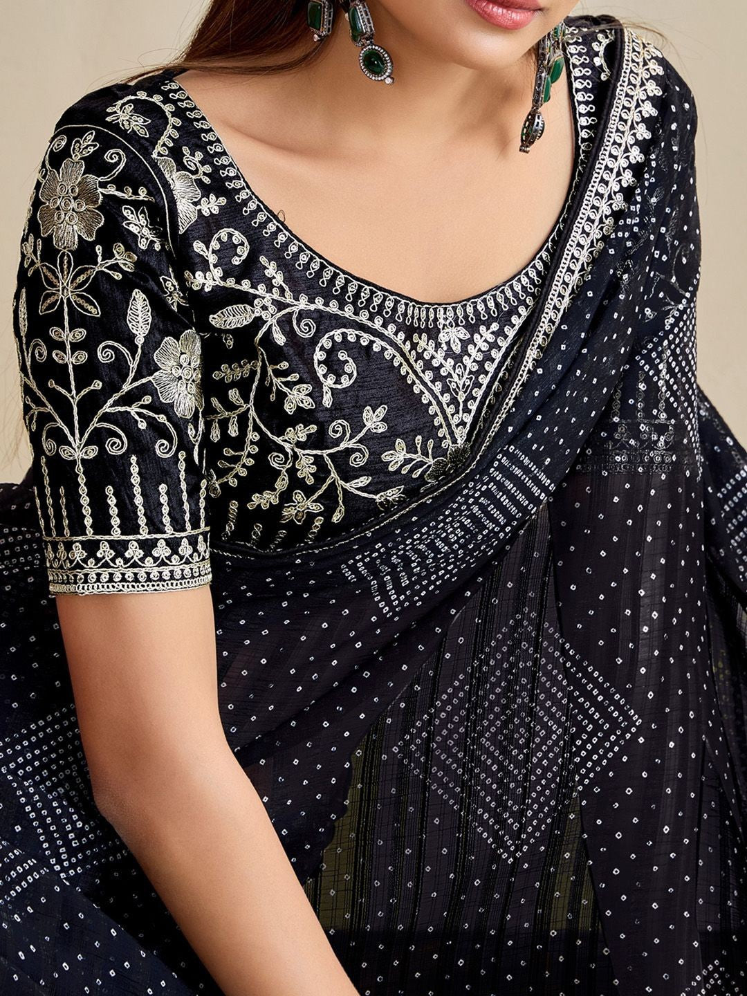 Tarani black moss chiffon silk saree blouse closeup embroidery detailing