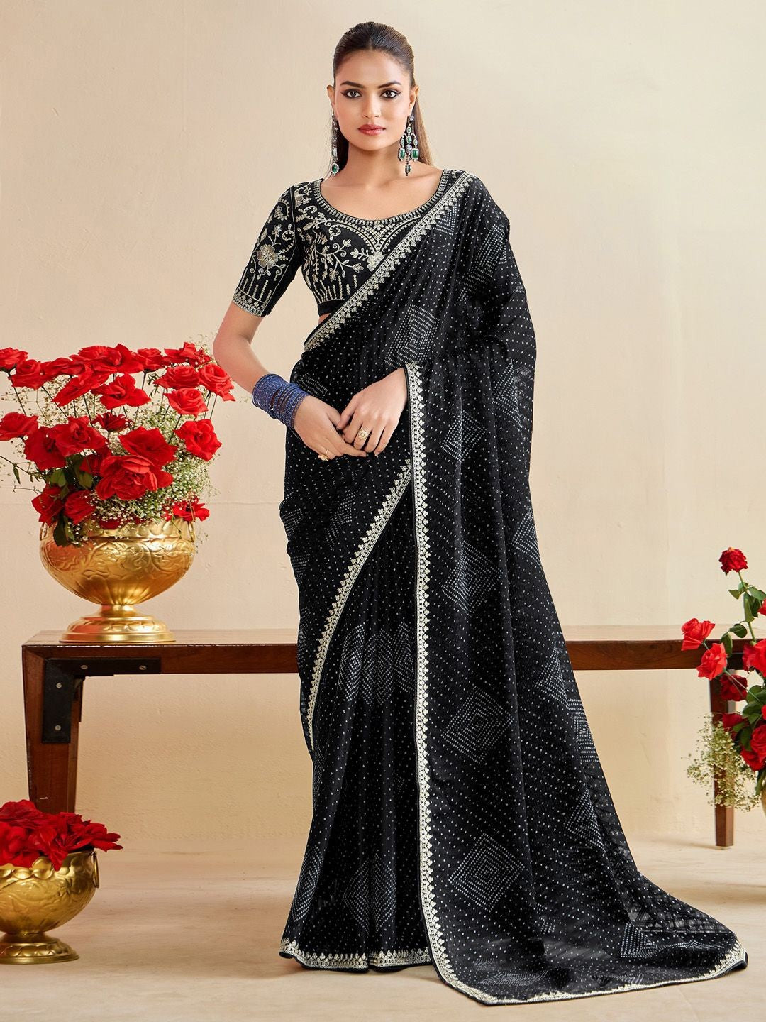 Tarani black moss chiffon silk saree with embroidery and banglory silk blouse perfect for parties and festivals