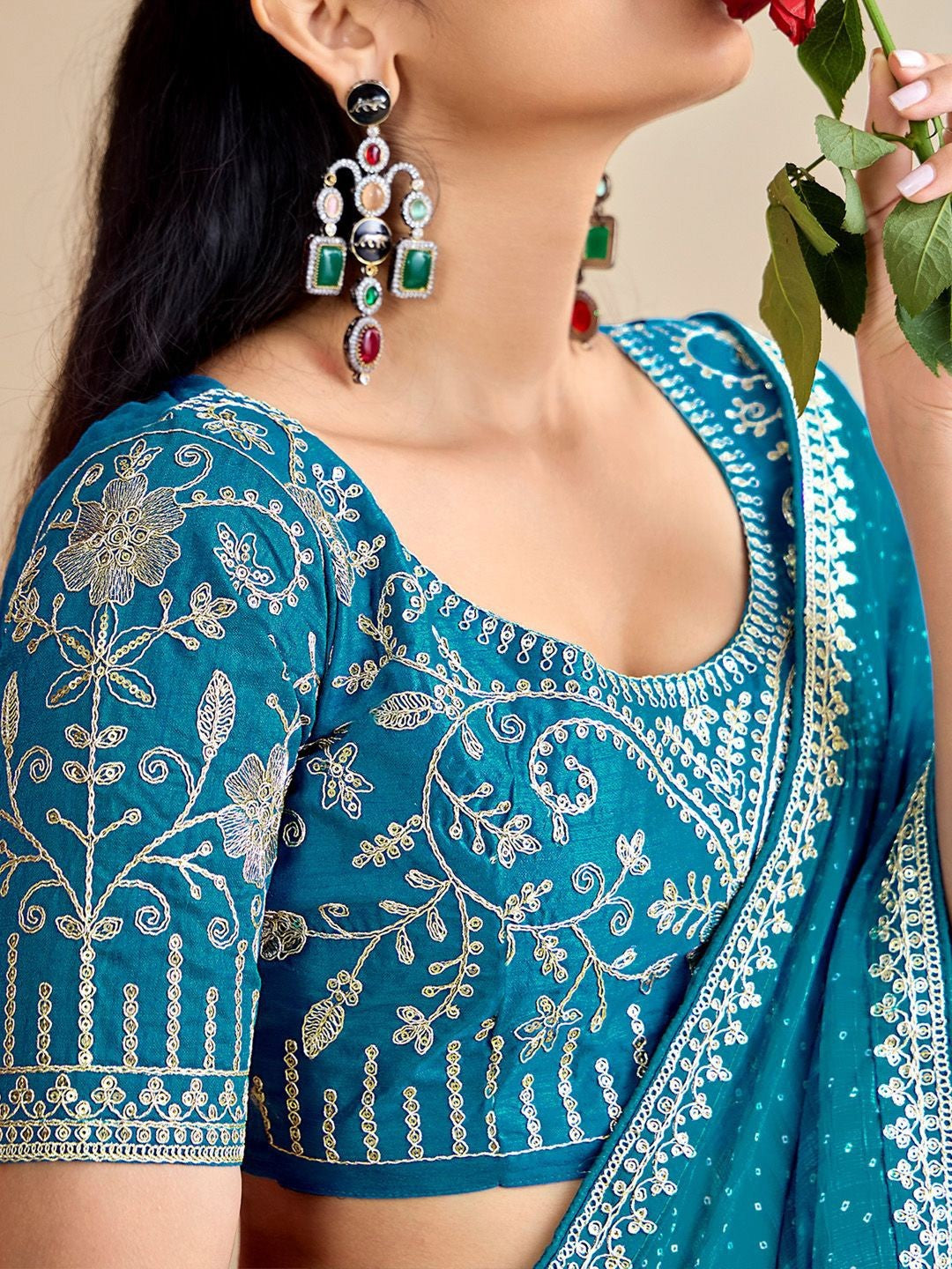 Tarani blue moss chiffon silk saree closeup blouse embroidery detailing