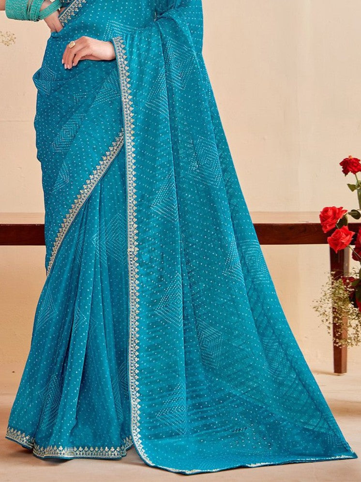 Tarani blue moss chiffon silk saree pallu and border embroidery view