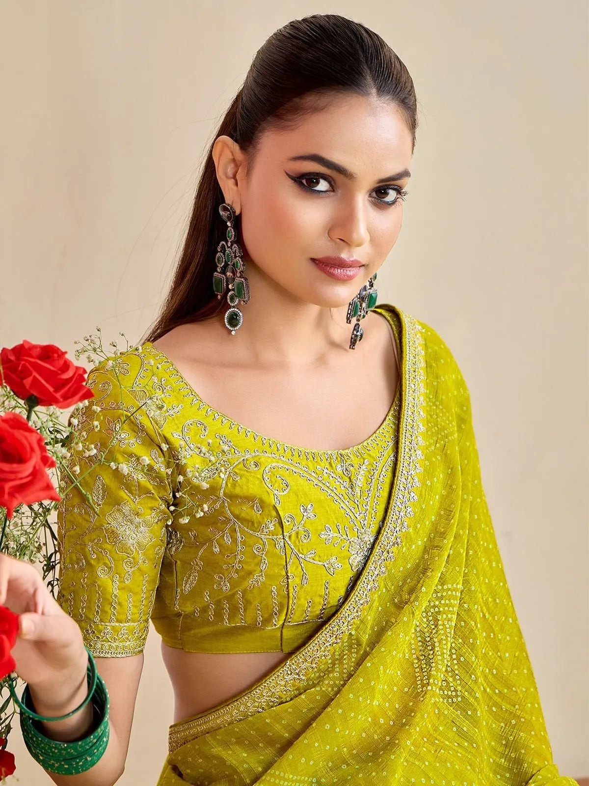 Tarani blouse closeup of green moss chiffon silk saree embroidery details