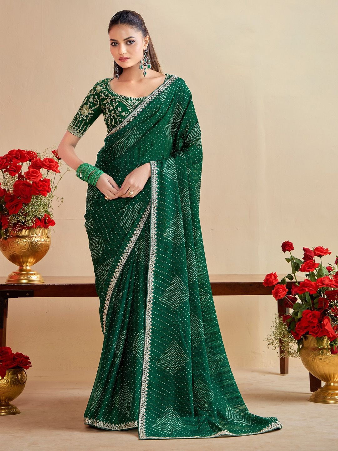 Tarani green moss chiffon silk saree with embroidered blouse festive and party wear