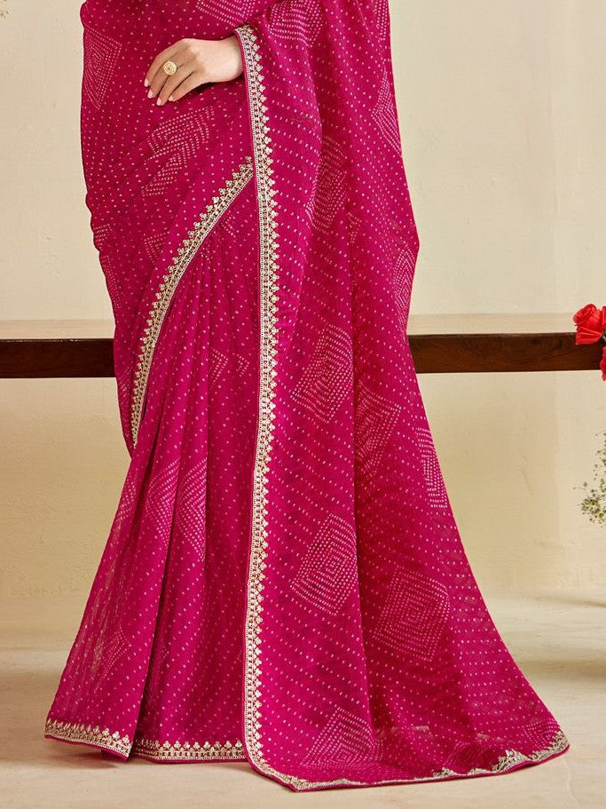 Tarani magenta moss chiffon silk saree pallu view with border and bandhani detailing