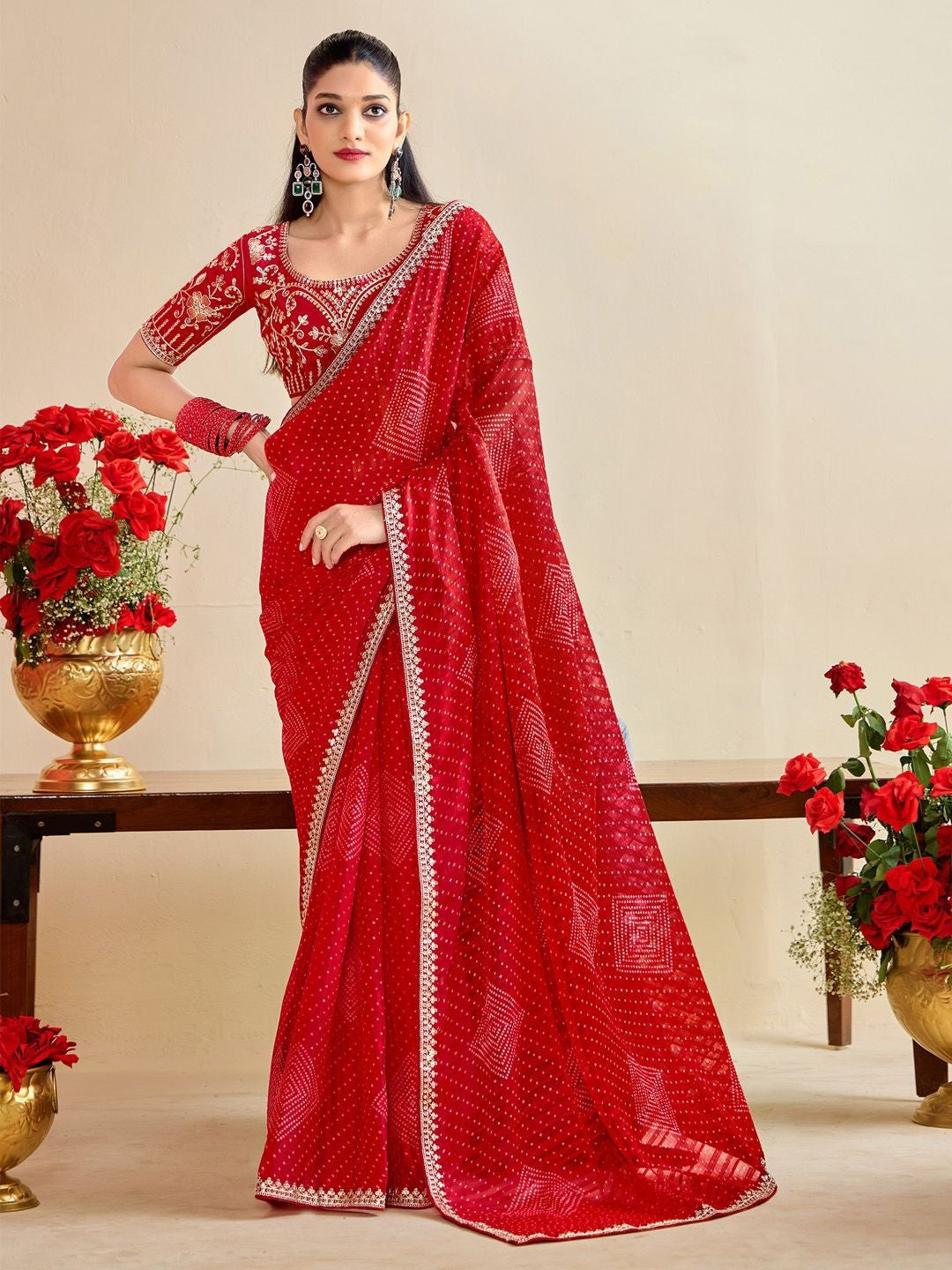 Tarani red bandhani moss chiffon silk saree full view with embroidered blouse and lace border