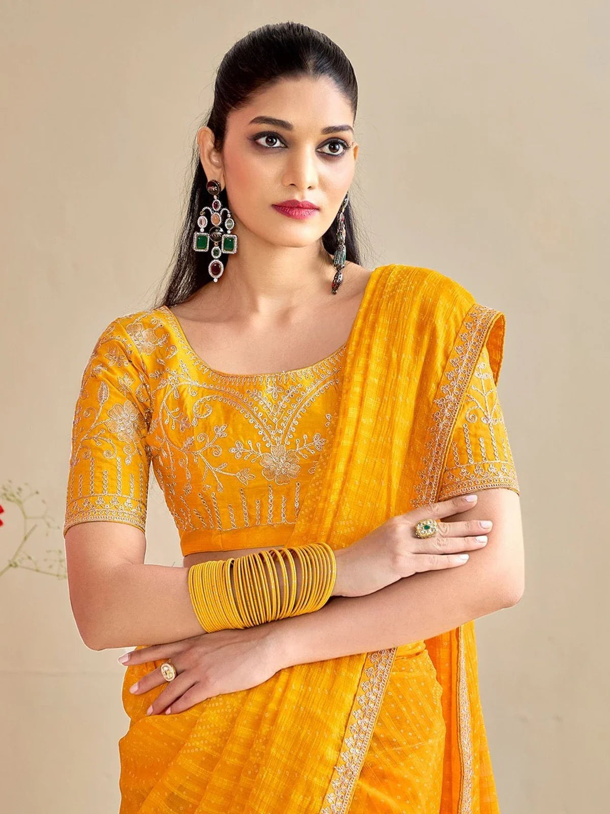 Tarani festive yellow moss chiffon silk saree upper body look with embroidered blouse