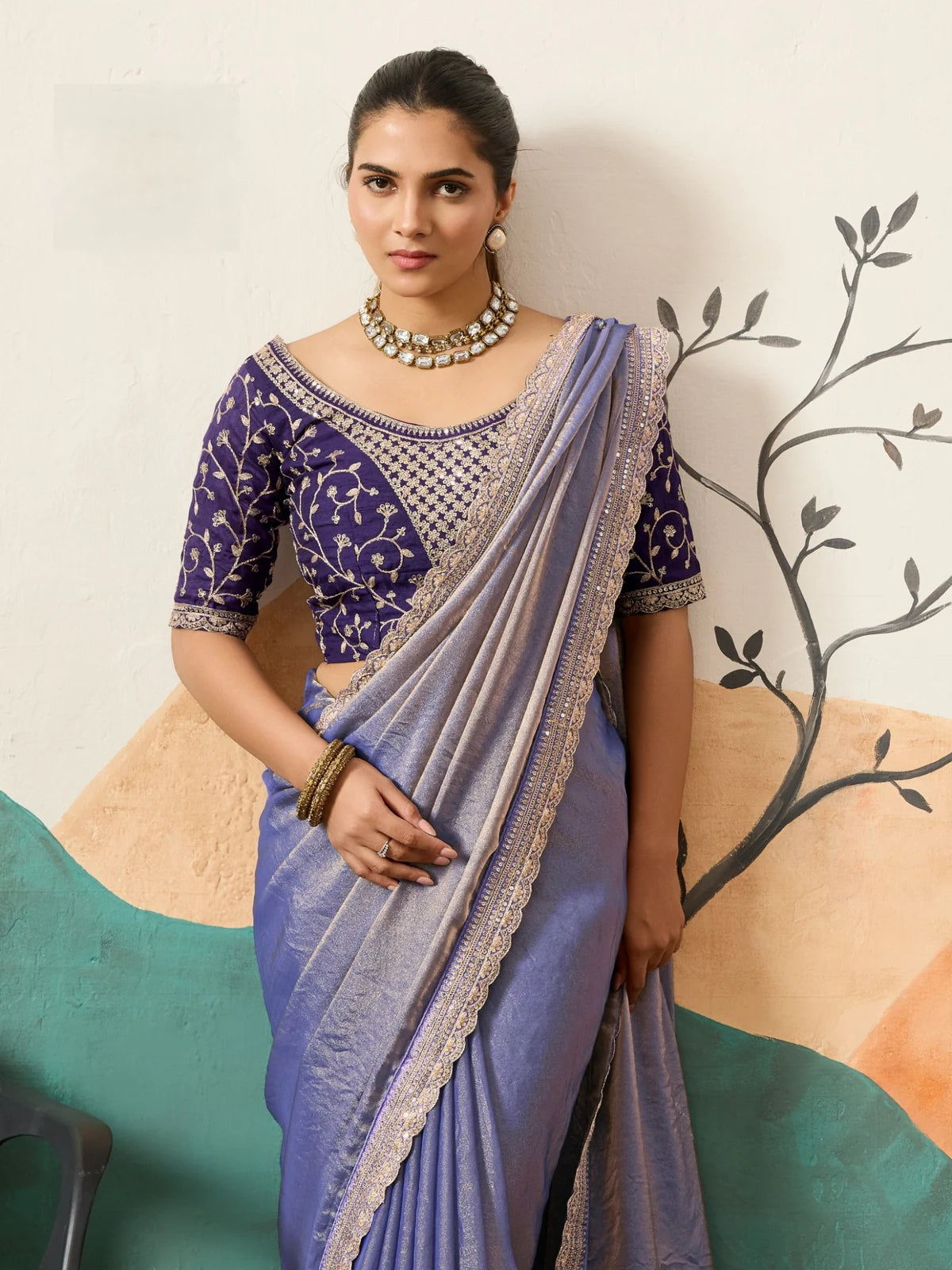 Tarani lavender festive saree with embroidered Banglori silk blouse front view