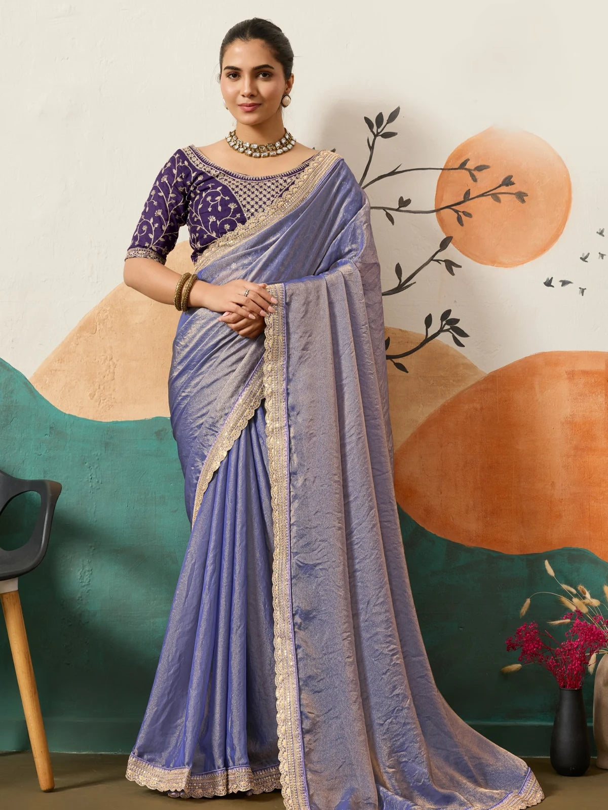 Tarani lavender NC Moss saree with designer border and embroidered blouse full view