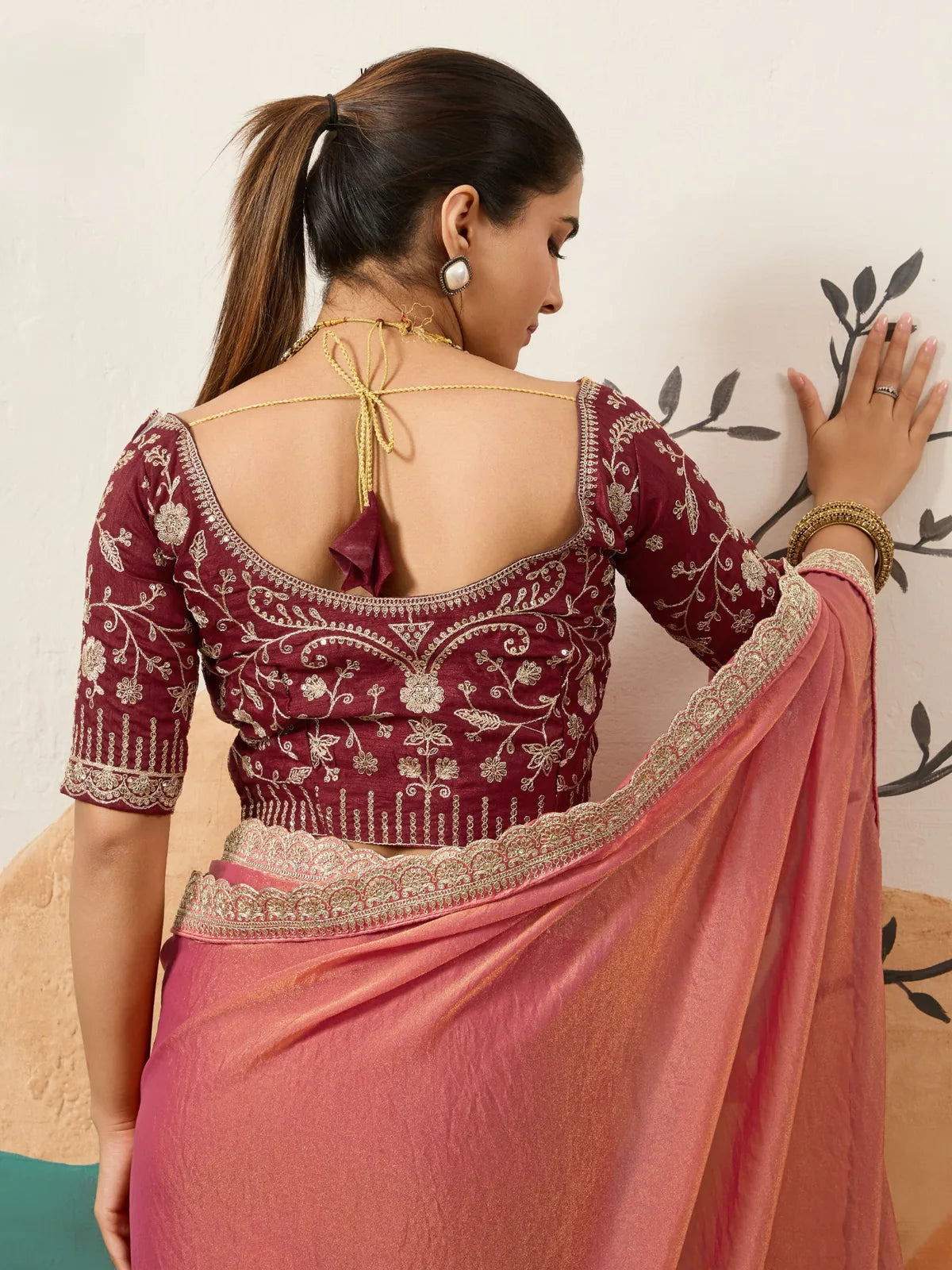 Tarani embroidered Banglori silk blouse back design with Tarani pink saree