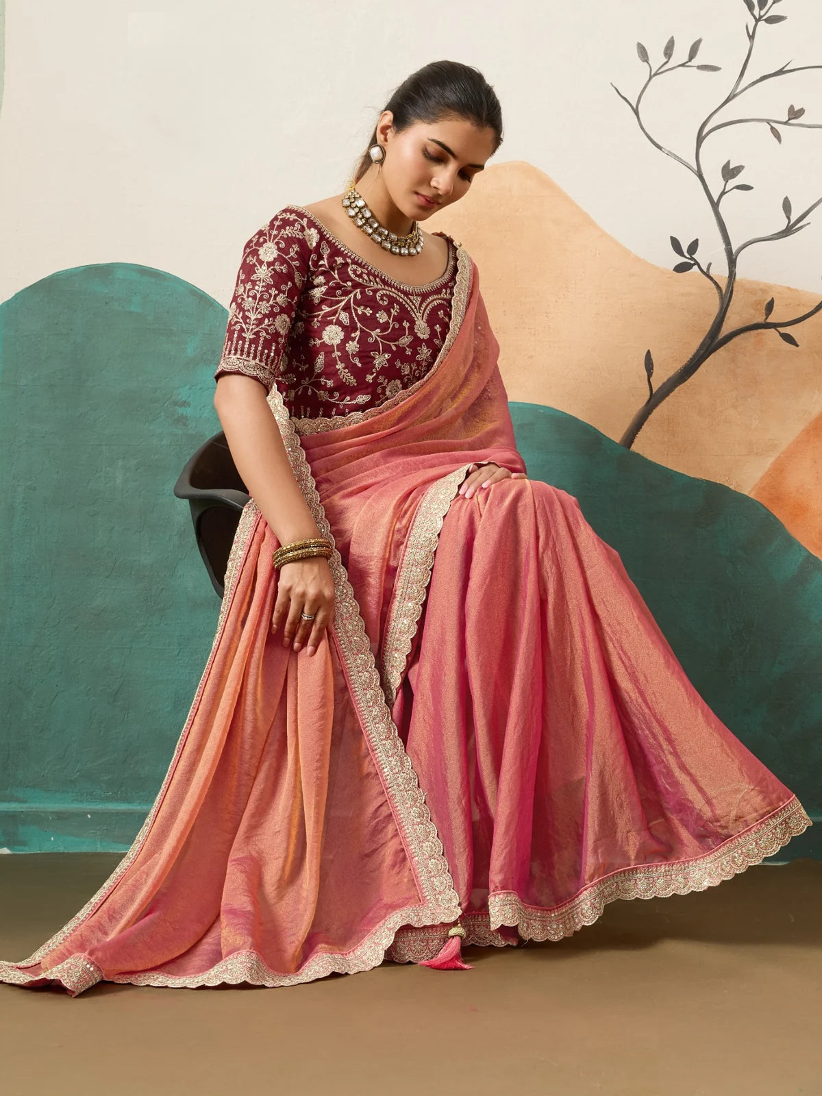 Tarani elegant pink moss saree front pose with designer embroidered blouse