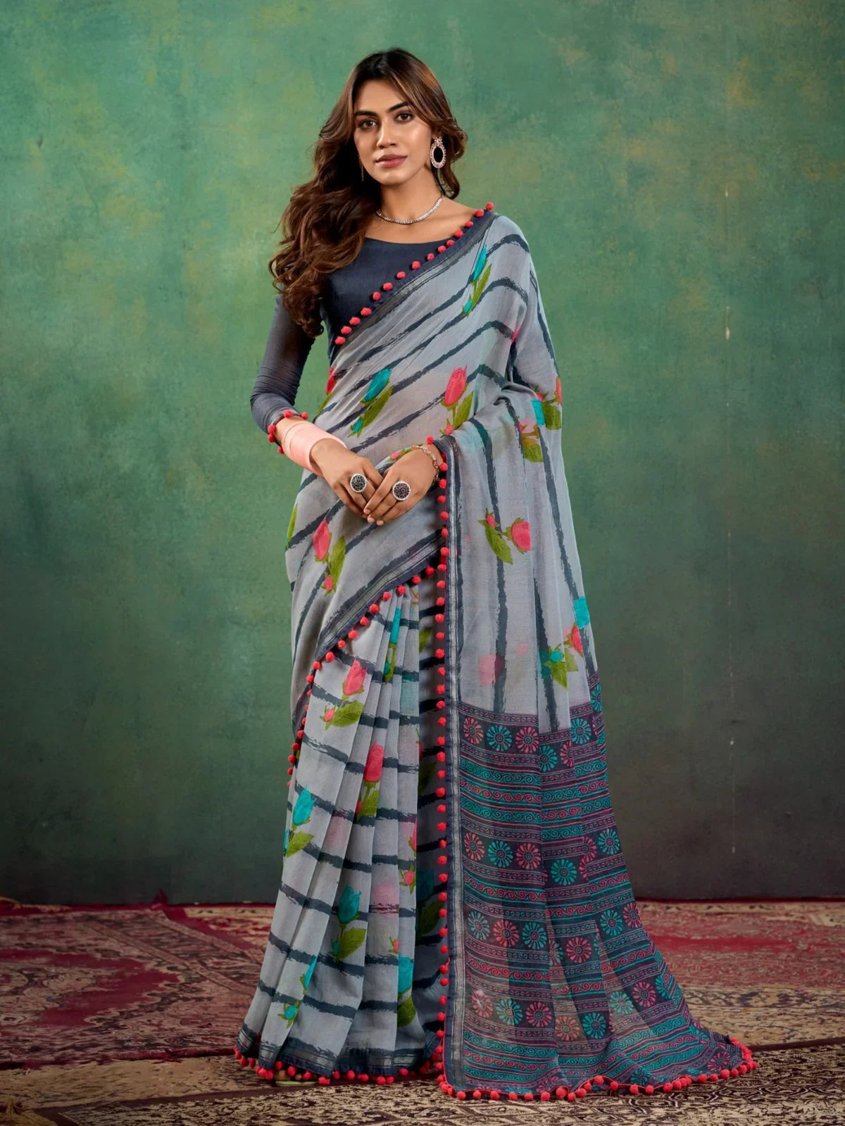 Tarani premium grey mul mul cotton saree with red pom pom border and floral print full view