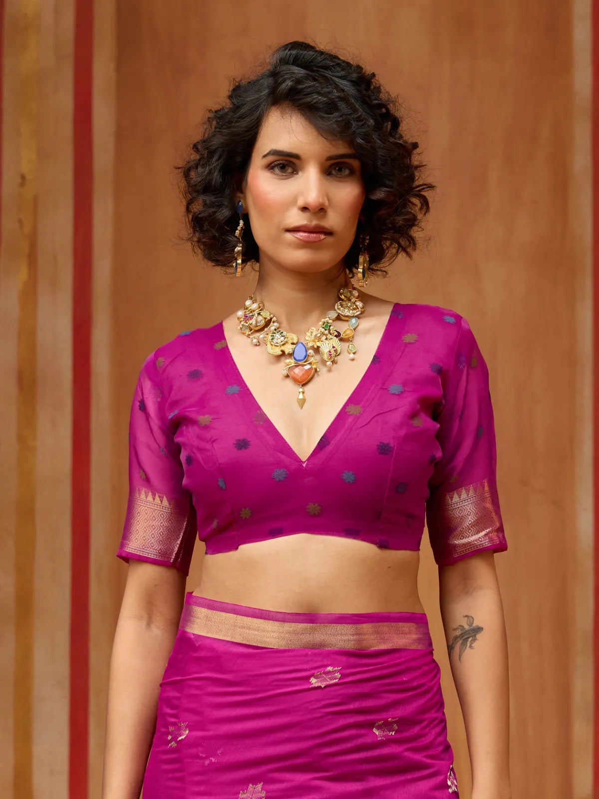 Tarani pink munga cotton saree upper body view with handcrafted blouse and elegant neckline