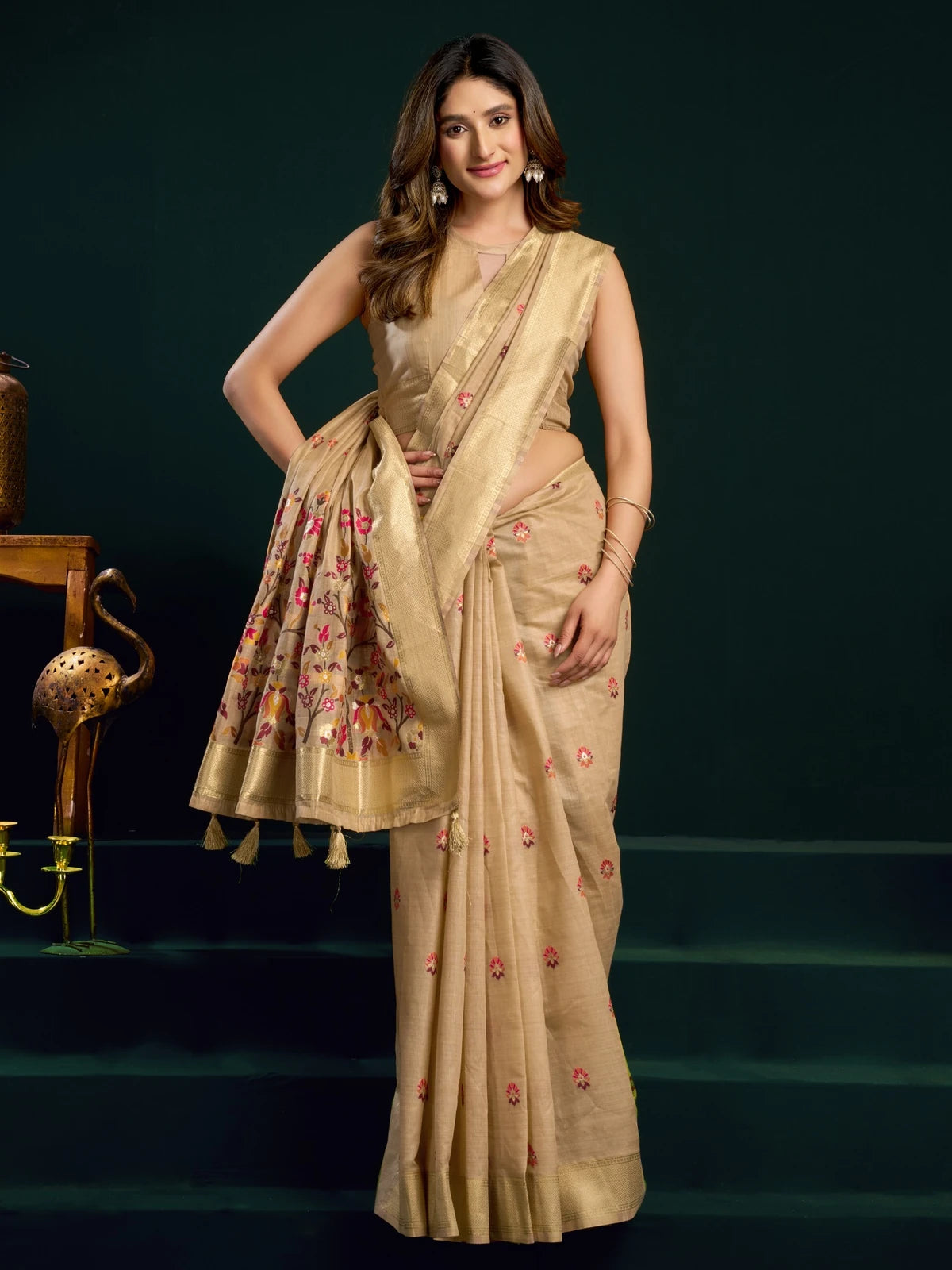 Tarani beige floral Mina Work saree front view with woven pallu and zari border