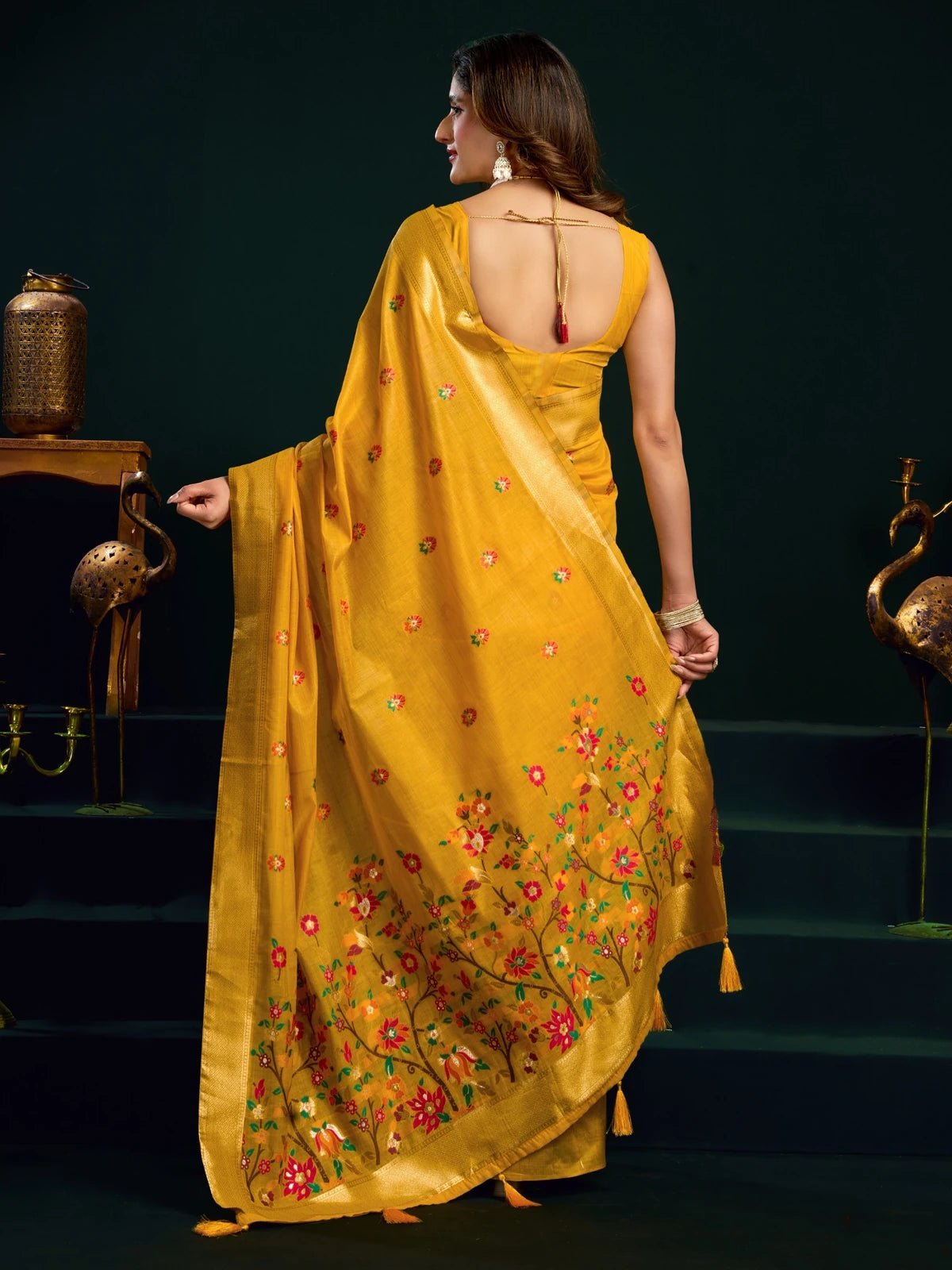 Tarani Pavani mustard Munga Cotton Mina Work saree with zari border back view