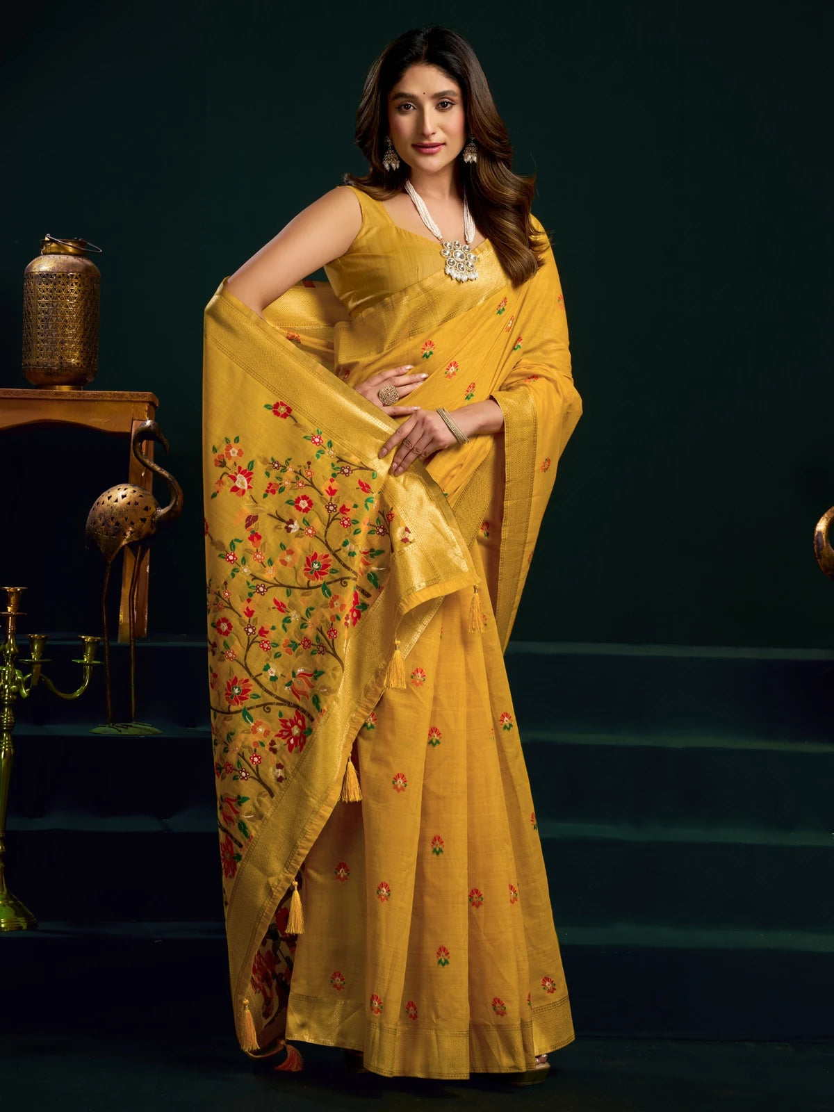 Tarani Pavani mustard Munga Cotton Mina Work saree with zari border front view