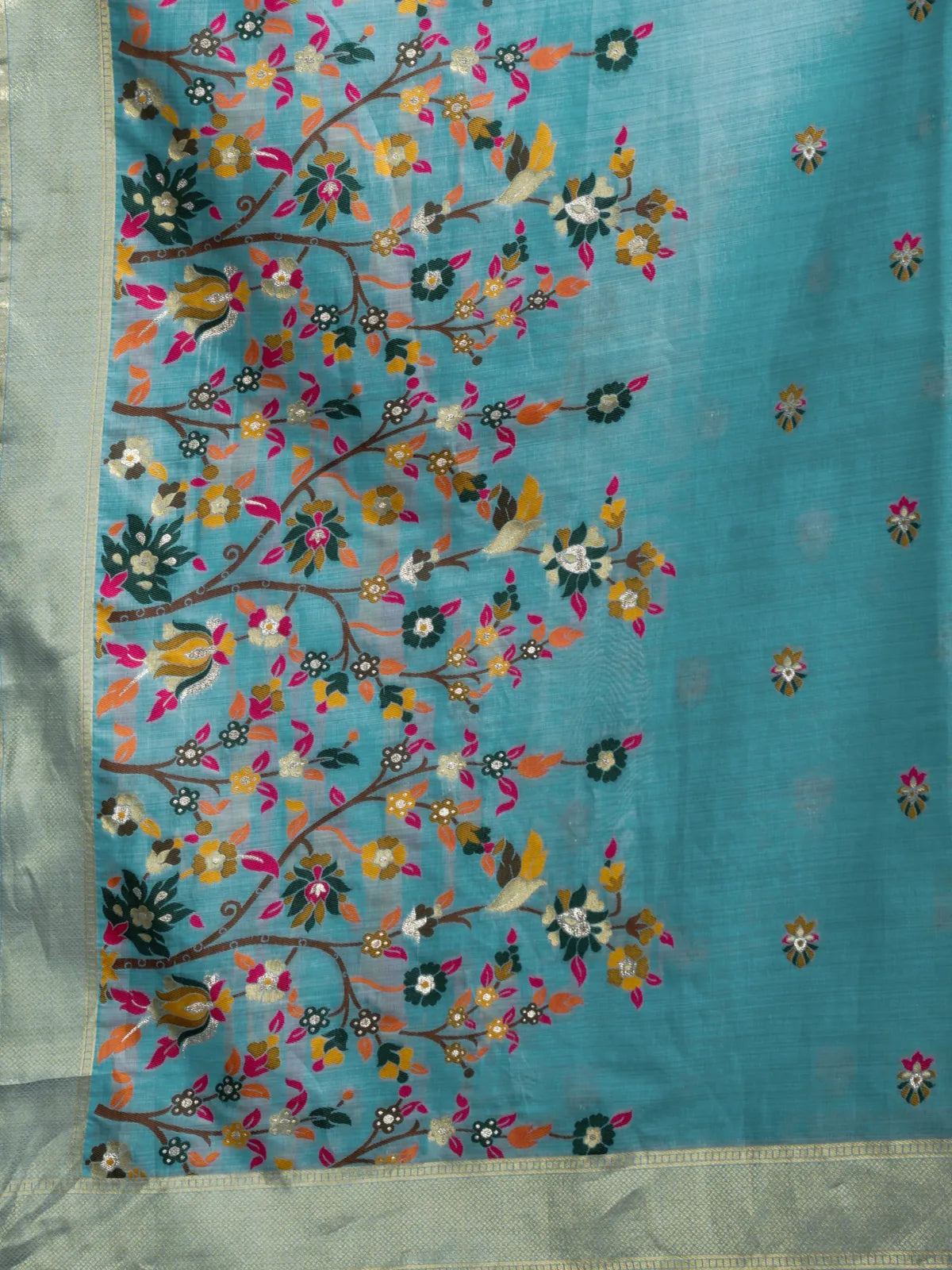 Tarani sky blue Munga Cotton Mina Work saree closeup floral mina work and zari border detail