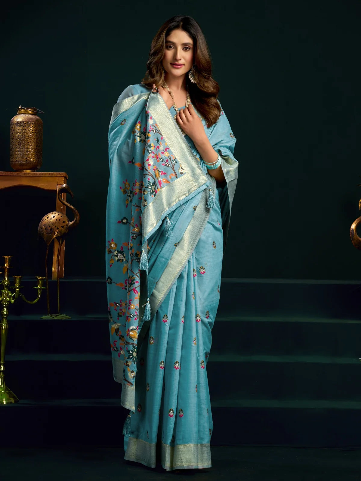 Tarani sky blue Munga Cotton Mina Work saree front view with floral pallu and zari border