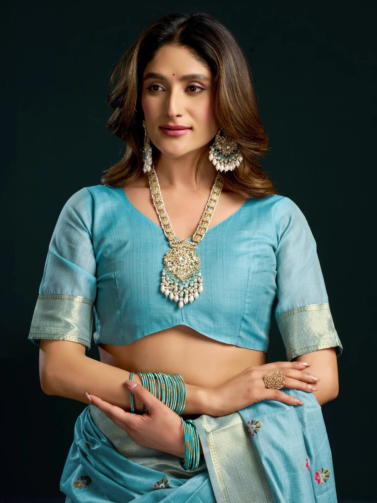 Tarani sky blue Munga Cotton Mina Work saree upper body view with zari blouse and elegant styling