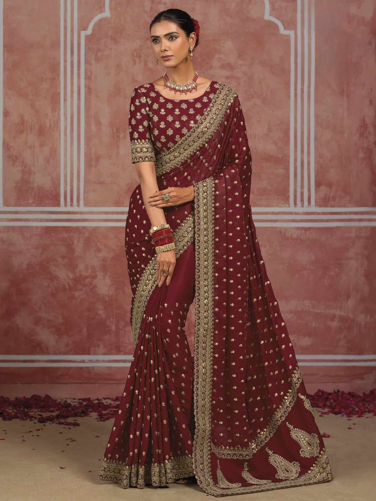 Tarani Pure Munga Silk maroon saree full view with zari metal sequence heavy work Mayuri