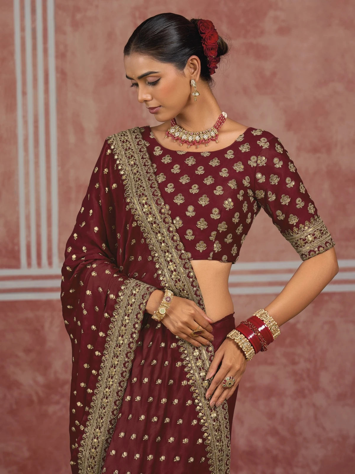 Tarani Pure Munga Silk maroon saree upper body blouse and border detail Mayuri