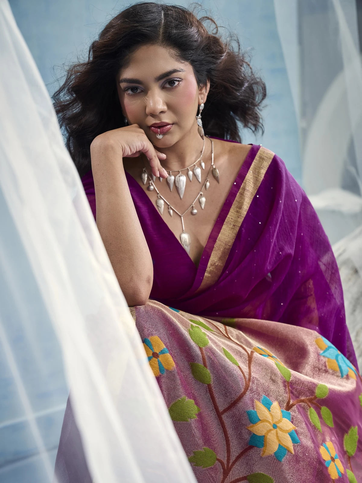 Tarani Bhanu closeup view of purple handloom saree with elegant border and pallu details