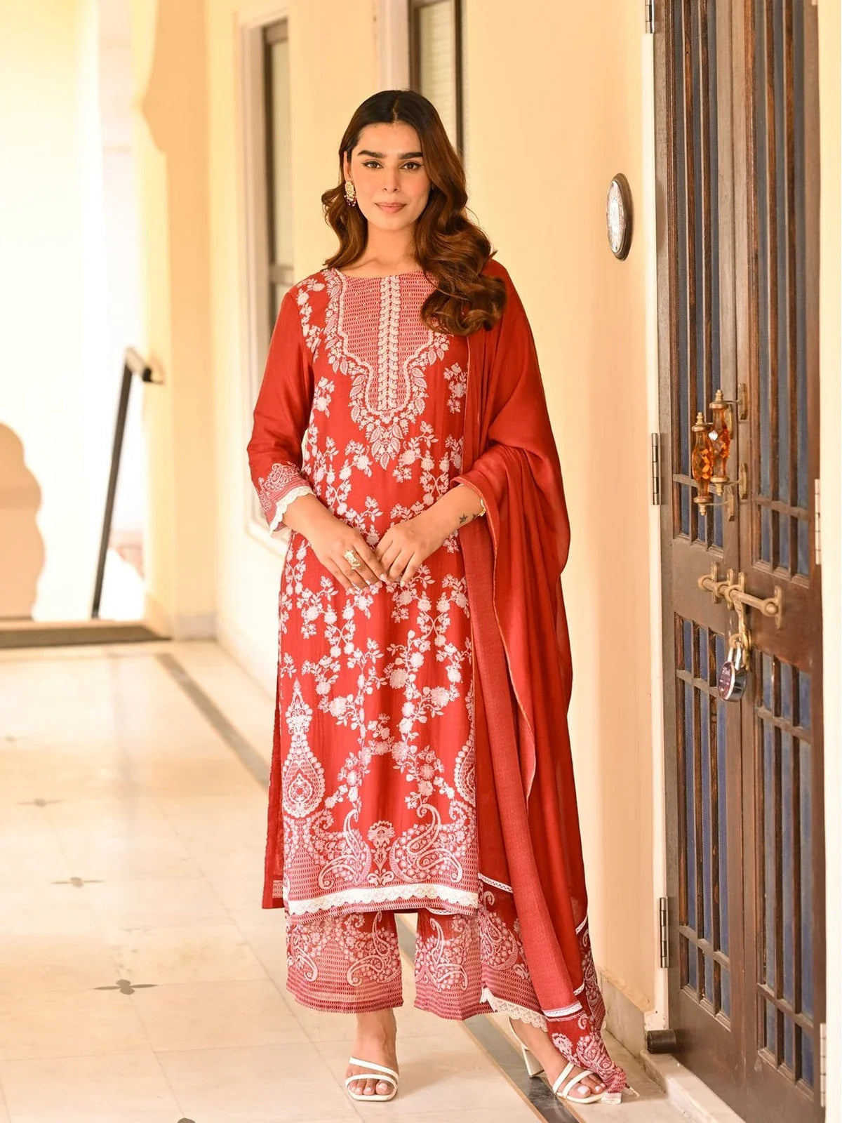 Tarani festive red muslin dress with embroidery and organza dupatta in full view