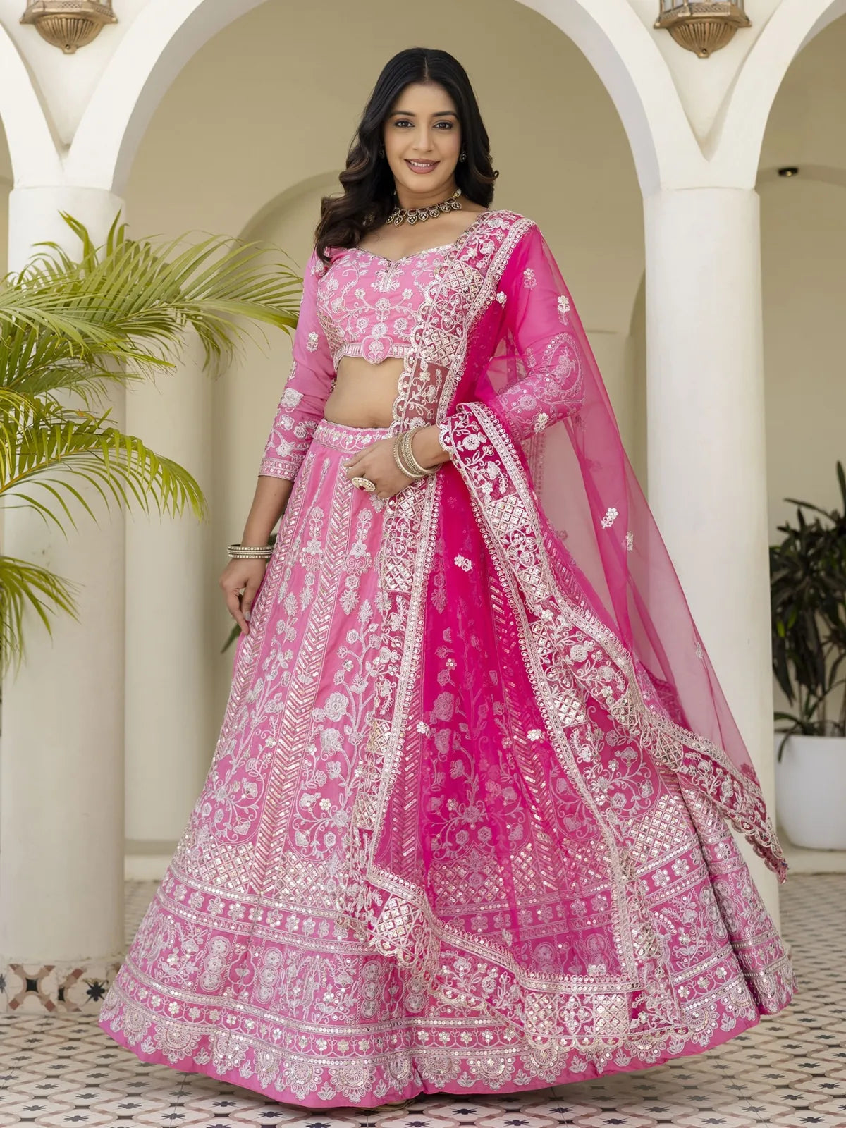 Tarani pink crap silk lehenga with full embroidery and dupatta full view for festive and wedding wear