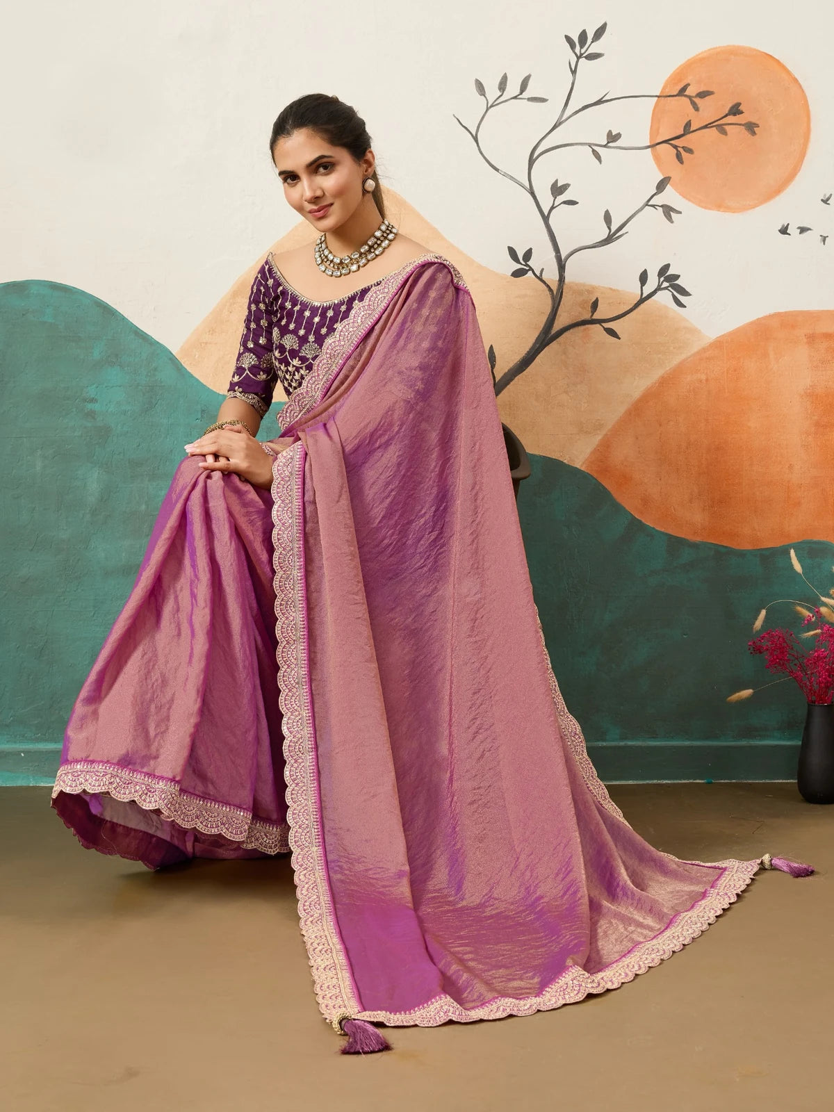 Tarani purple party wear saree full view with designer border and elegant drape