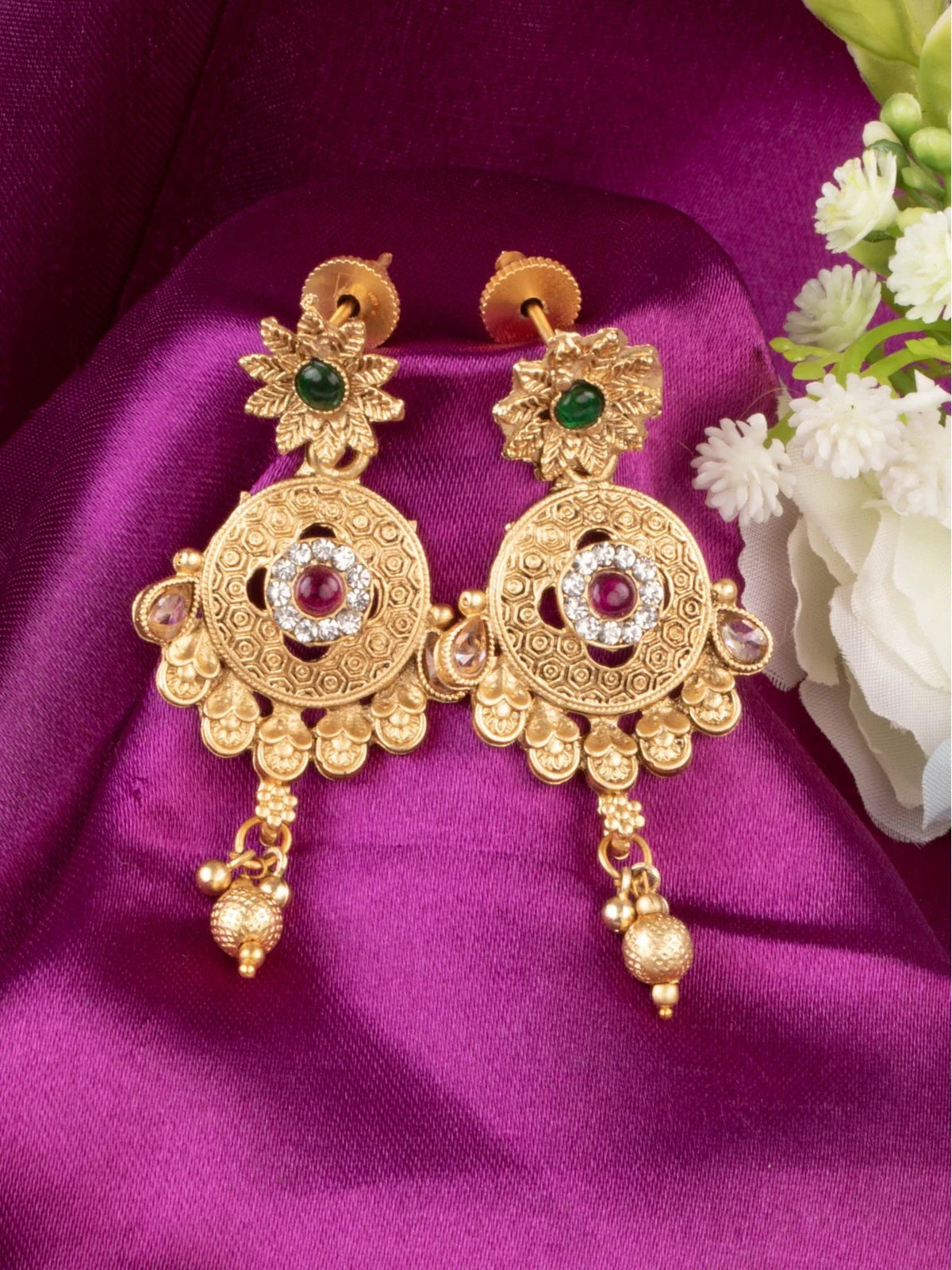 Tarani earrings from gold plated necklace set with antique floral design and hanging beads