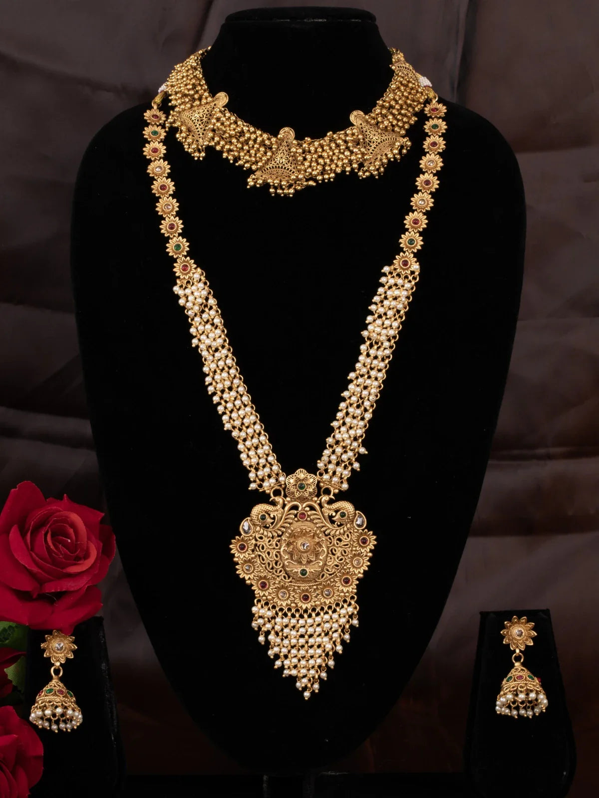 Tarani gold plated pearl bridal necklace set with jhumka earrings for weddings