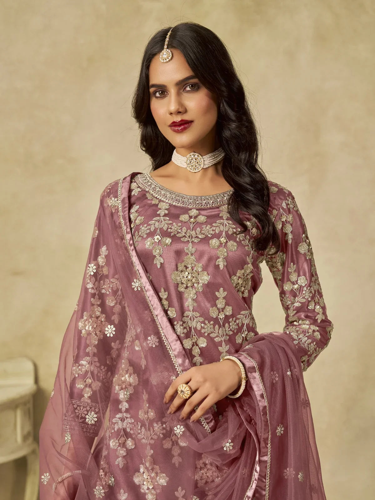 Tarani mauve net dress with zari and sequins embroidery upper body view for festive celebrations