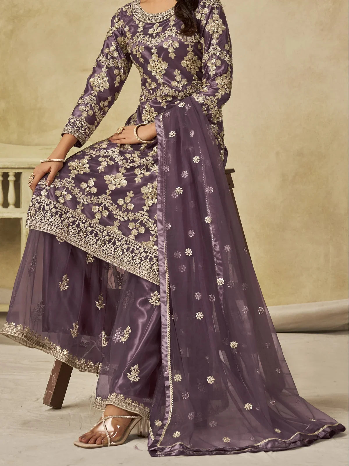 Tarani purple net closeup view showing detailed embroidery and fine craftsmanship