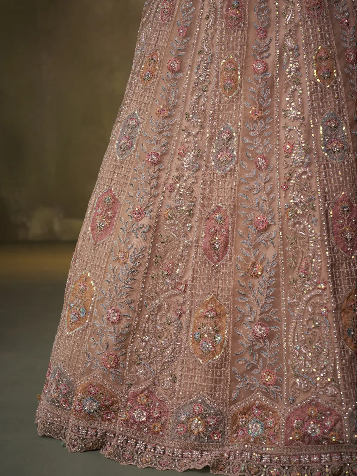 Tarani beige lehenga closeup of embroidery, sequins, and floral thread work detailing