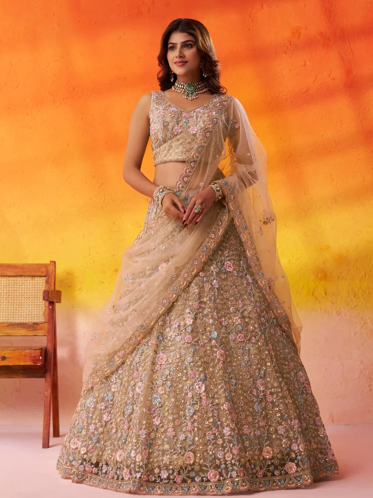 Tarani beige net lehenga full view with multicolor sequin floral embroidery and elegant dupatta