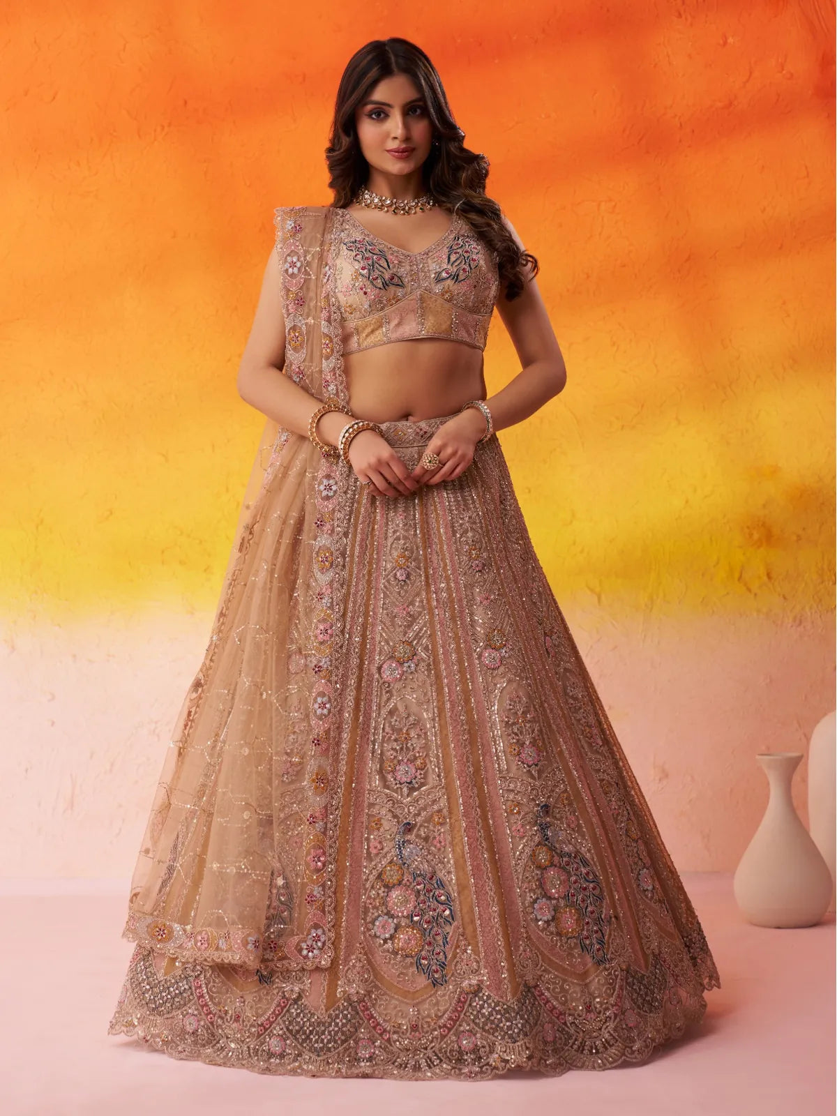 Tarani premium beige net lehenga full view with heavy embroidery and dupatta for wedding wear
