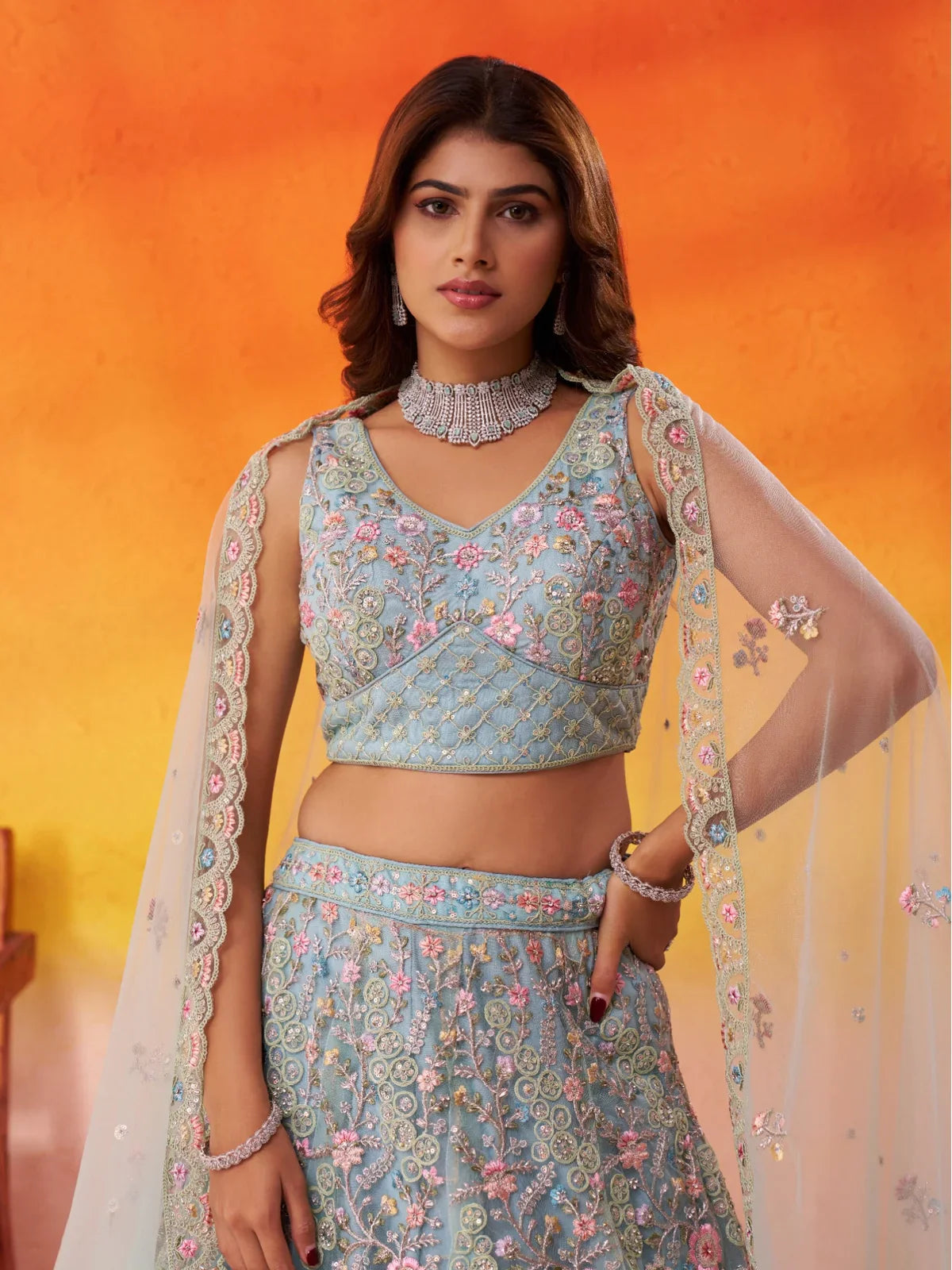 Tarani elegant beige net lehenga blouse with sleeveless V-neck and embroidery for parties
