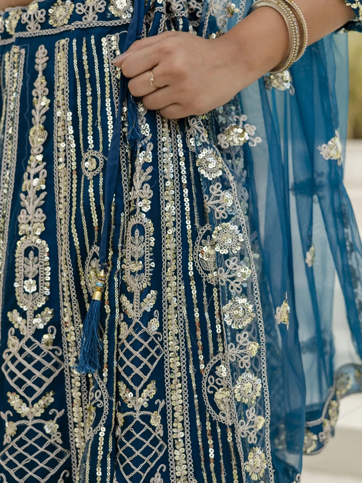 Tarani blue net lehenga close-up highlighting intricate zari, sequins and codding embroidery on skirt panel