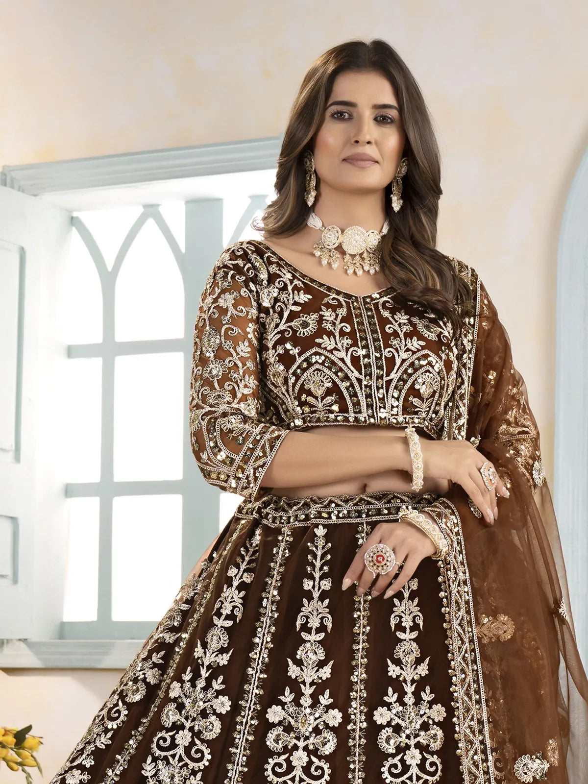 Tarani brown net lehenga upper body view showing blouse embroidery