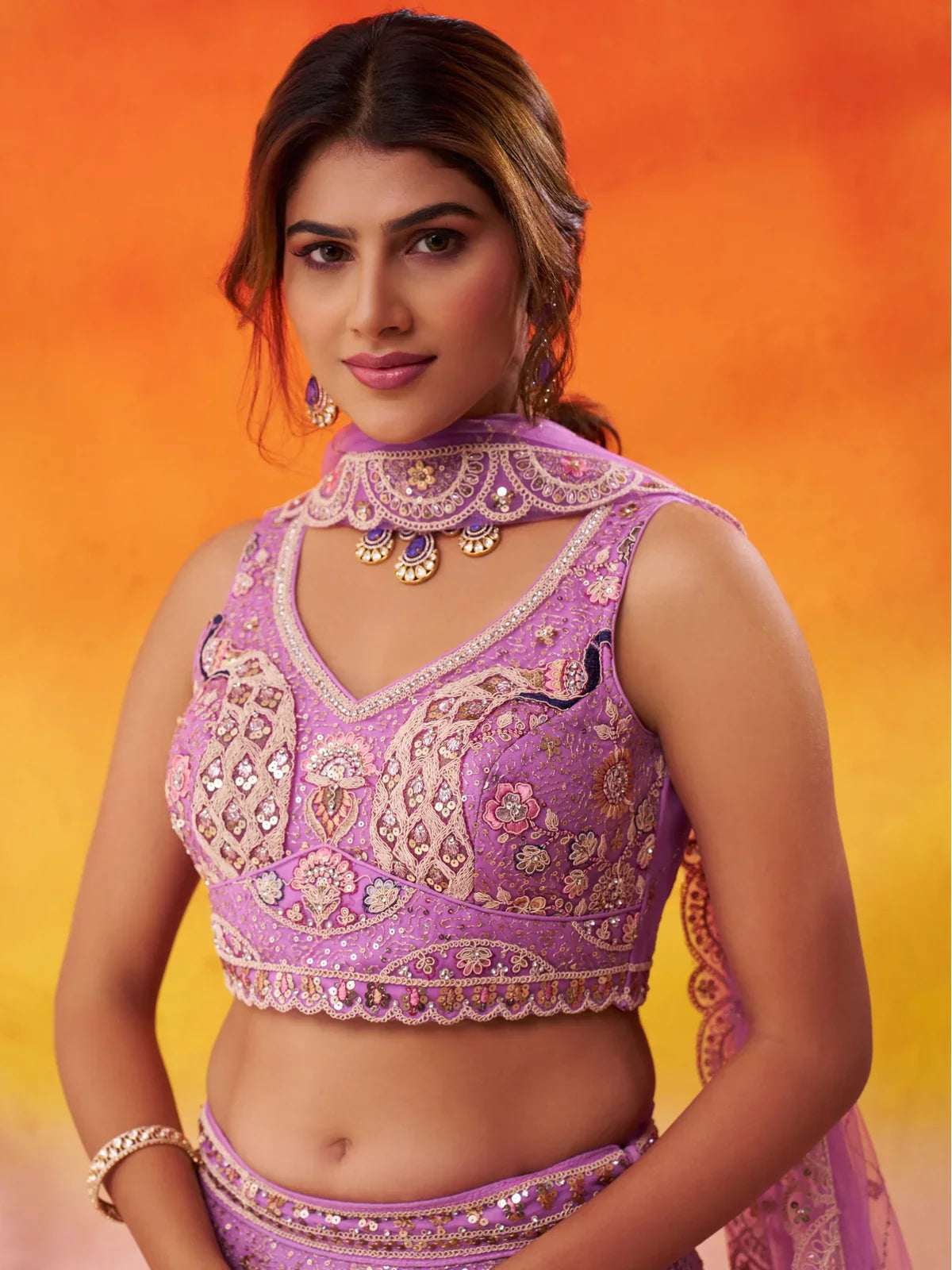 Tarani lavender lehenga upper blouse view with detailed neckline and embroidery